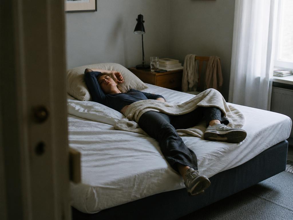 A woman naps on top of a made bed in a dim bedroom on a grey afternoon, one arm draped over her eyes under soft cool window light.