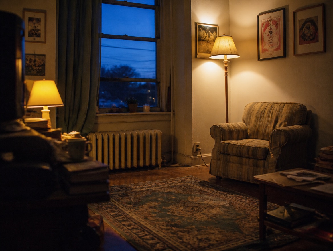 A lived-in living room corner at blue dusk, with a warm floor lamp and a table lamp glowing beside an armchair and a window showing deep twilight sky outside.