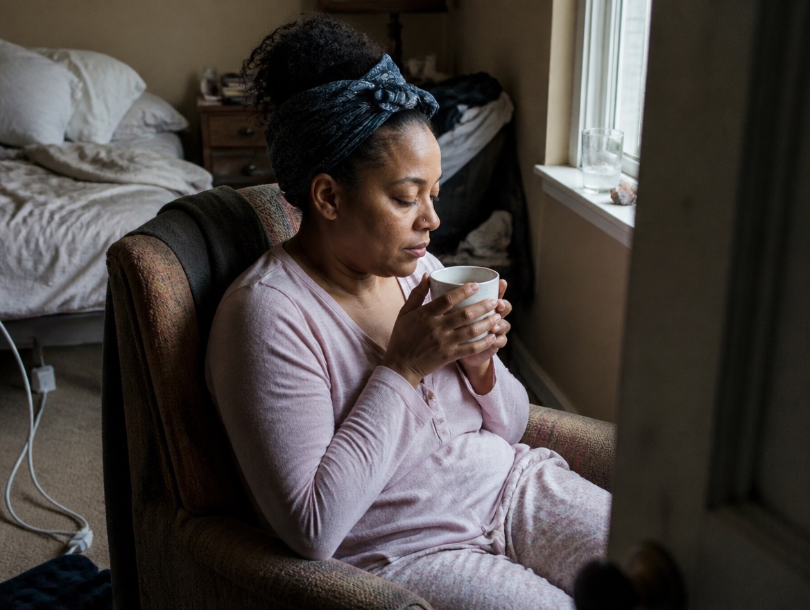 A Black woman in her early 40s in pink pyjamas and a dark patterned head wrap sits in an upholstered armchair by a sunlit bedroom window, both hands cupped around a ceramic mug with eyes half-closed and head bowed, an unmade bed and a phone charger trailing across the carpet behind her.