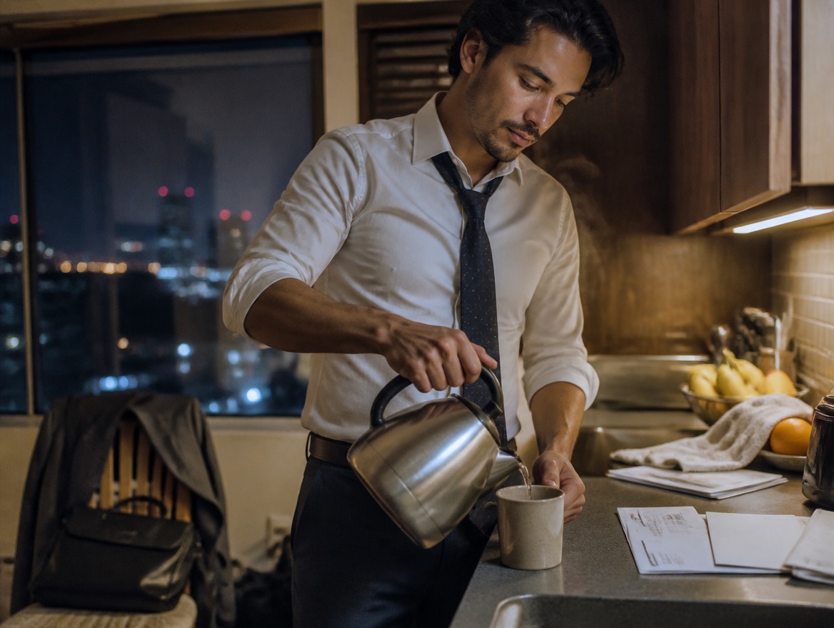 A man with his tie loosened pours hot water into a mug in a kitchen late at night, city lights visible through the window behind him, his laptop bag and blazer set down nearby.