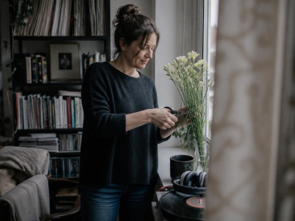 A woman by a living-room window enjoys a small private moment with a record player and simple flowers in a jar in cool daylight.