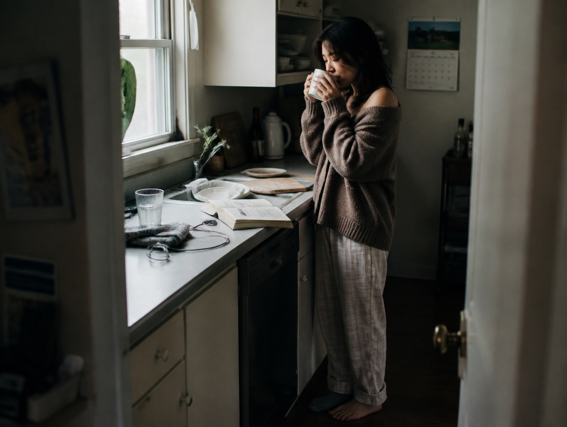 A young East Asian woman in an oversized cardigan and plaid pajama pants stands barefoot at a dim, cluttered galley kitchen window, sipping from a mug in the soft grey morning light, with an open book, a half-full water glass and unwashed dishes on the counter beside her.