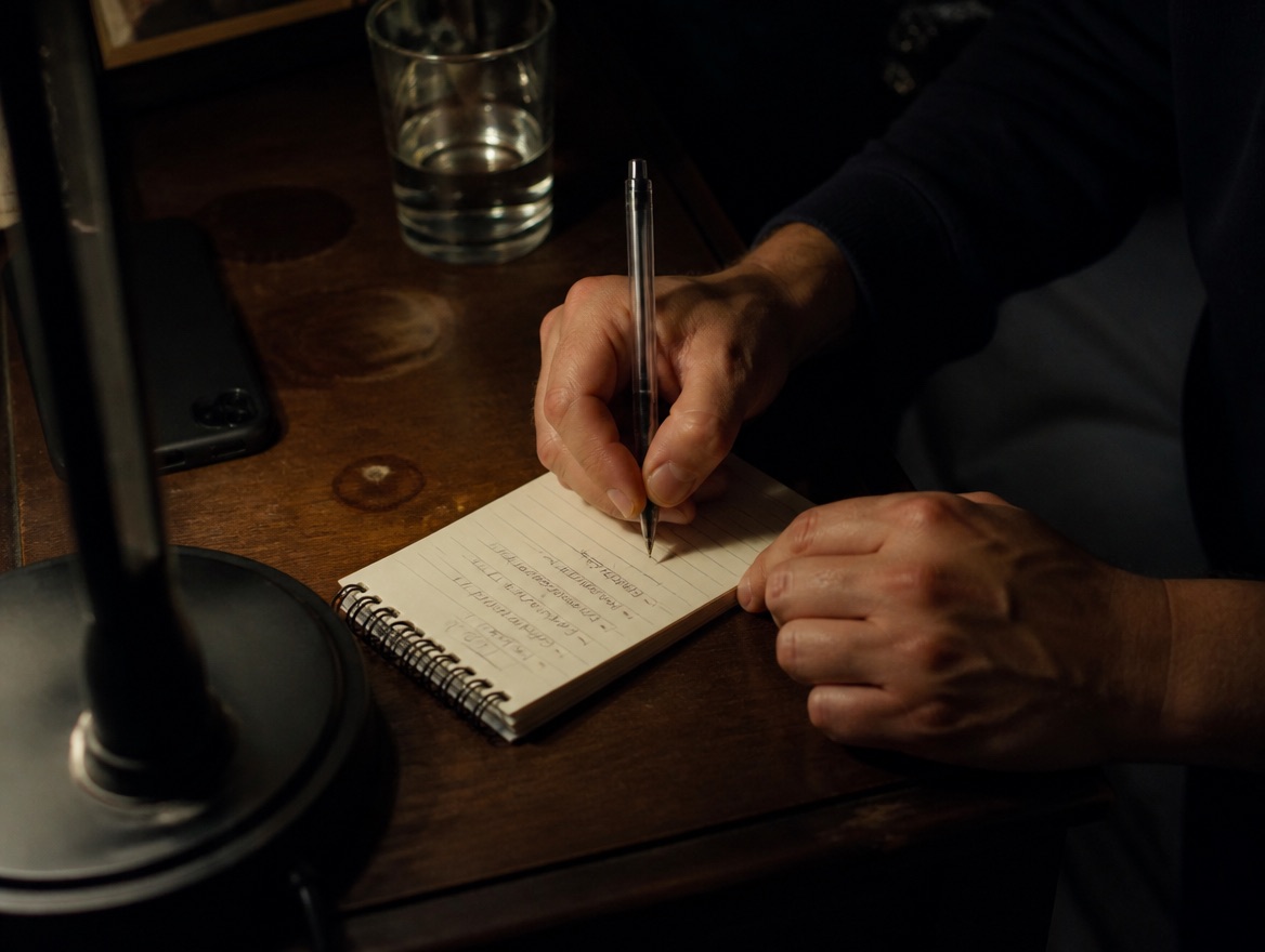 Close-up of a person's hands writing in a small spiral notebook by lamplight at a dark wooden desk, a glass of water and a face-down phone nearby.