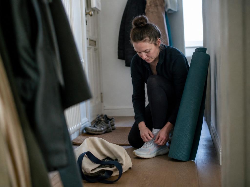 A woman crouches in a hallway lacing up a scuffed running shoe, a rolled exercise mat leaning against the wall beside her.