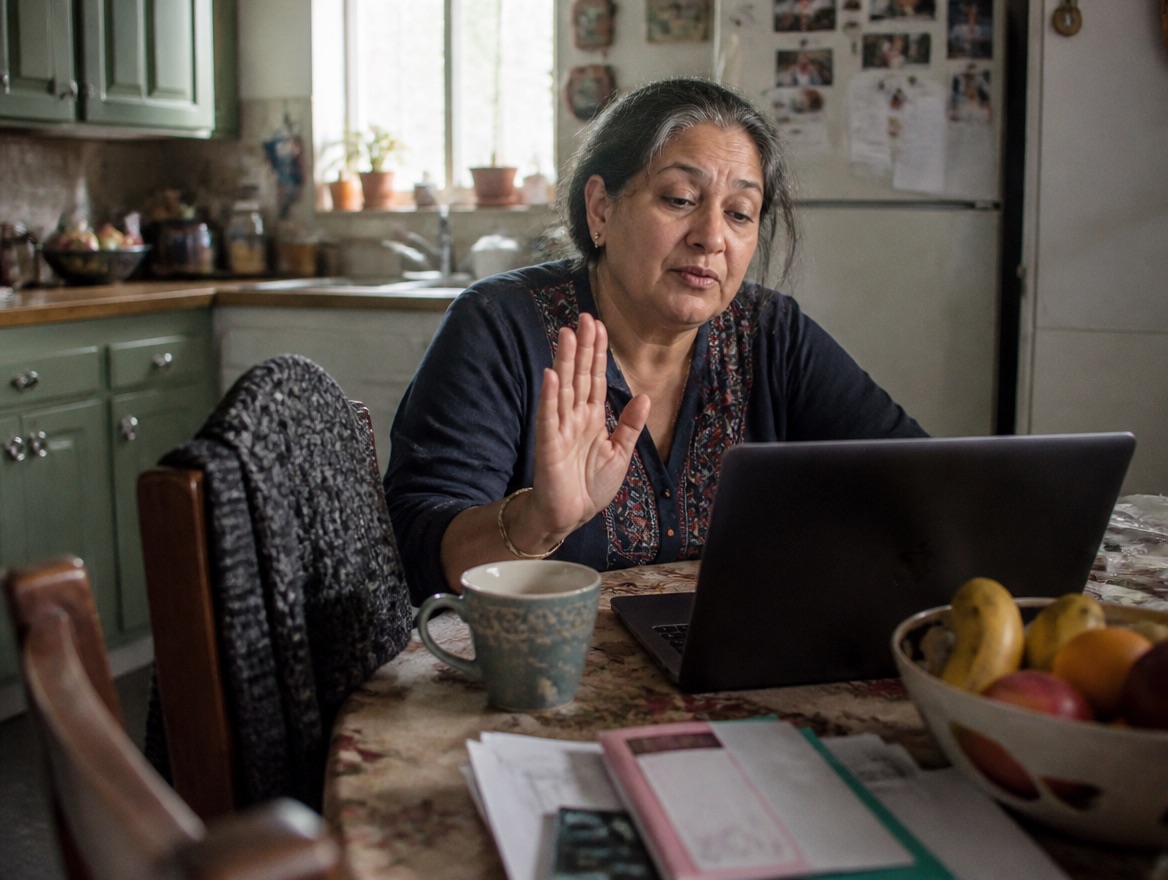A woman in her 50s sits at a cluttered kitchen table on a laptop video call, raising one hand in a calm gesture as she speaks, morning daylight coming through the window behind her.