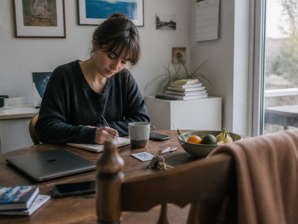 A woman at a kitchen table on a grey Sunday evening jots a short to-do list in a notebook beside a cup of tea, looking thoughtful.