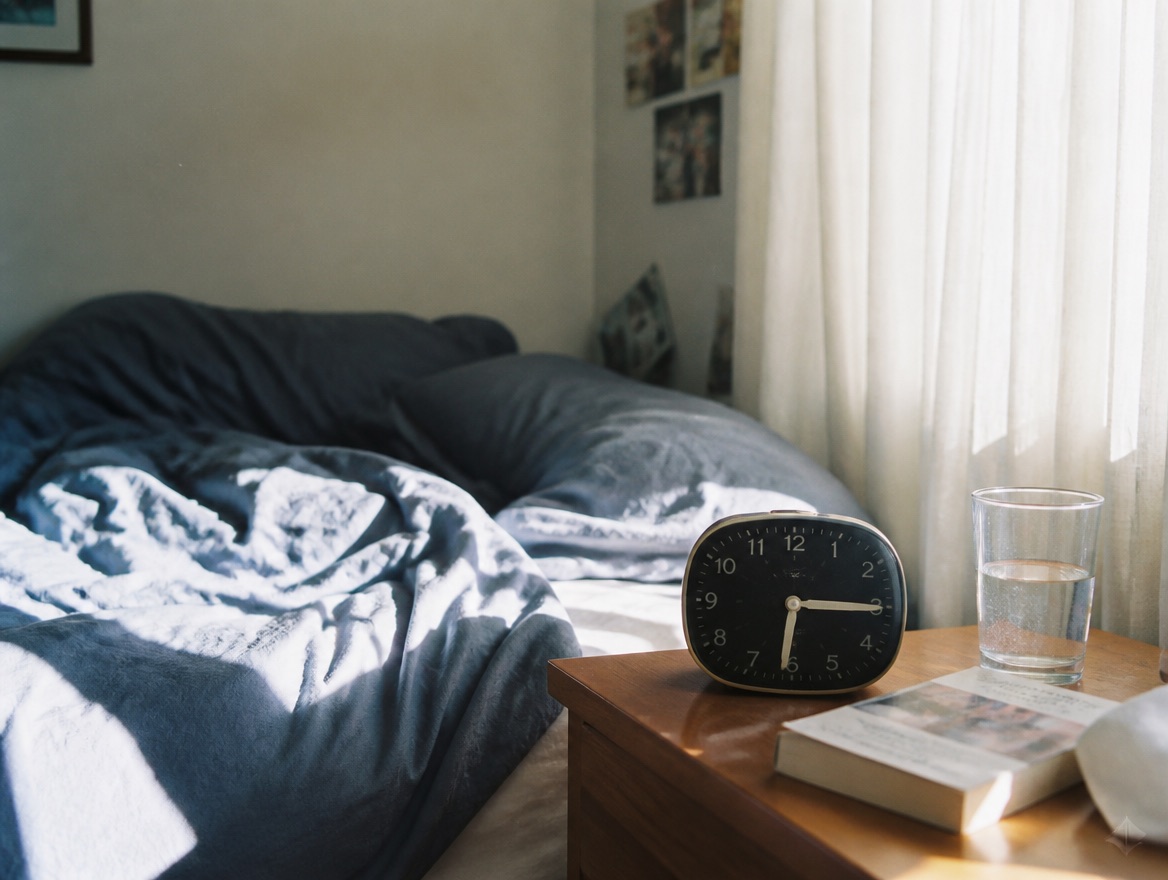 An analog alarm clock, a glass of water, and a paperback book sit on a wooden nightstand beside an unmade bed, with bright morning sunlight streaming through sheer curtains.