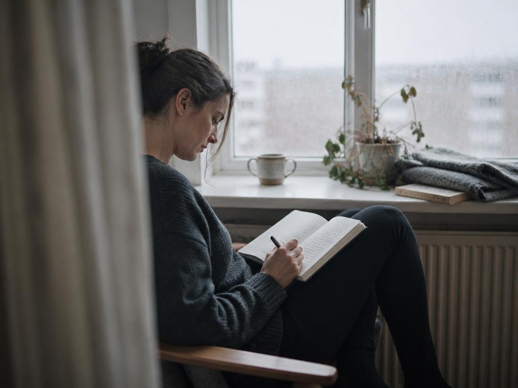 A woman sits sideways in a chair by a large grey-lit window, an open notebook on her lap, handwriting and absorbed in the page.