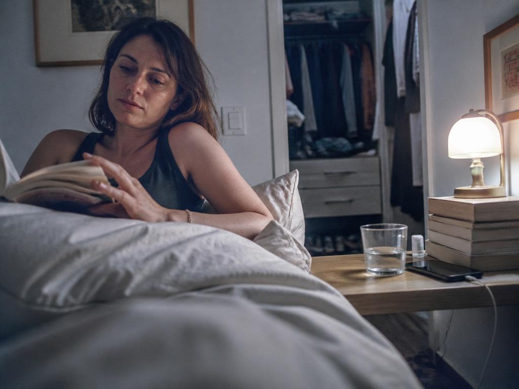A woman propped up in bed in the evening turns a page of a paperback under the low, soft glow of a bedside lamp.