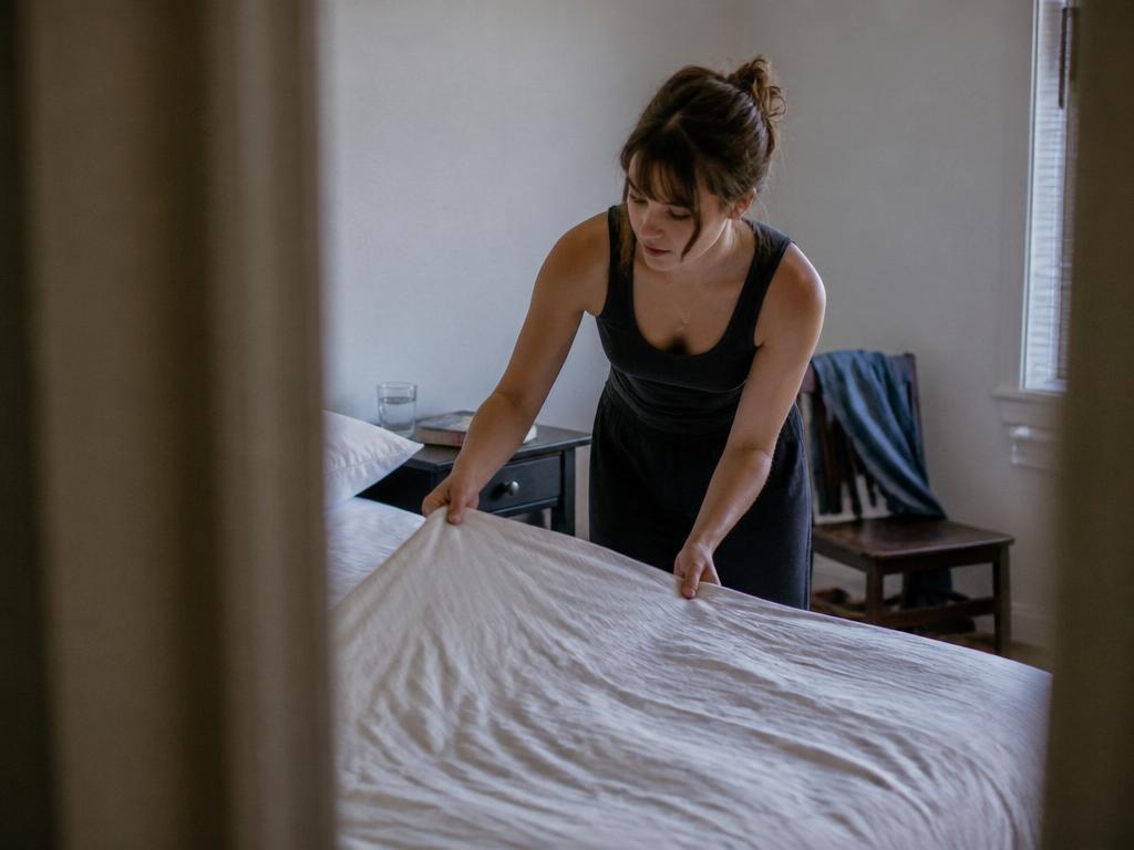 A woman makes her bed in the morning, smoothing the duvet straight across the mattress in cool, airy daylight.