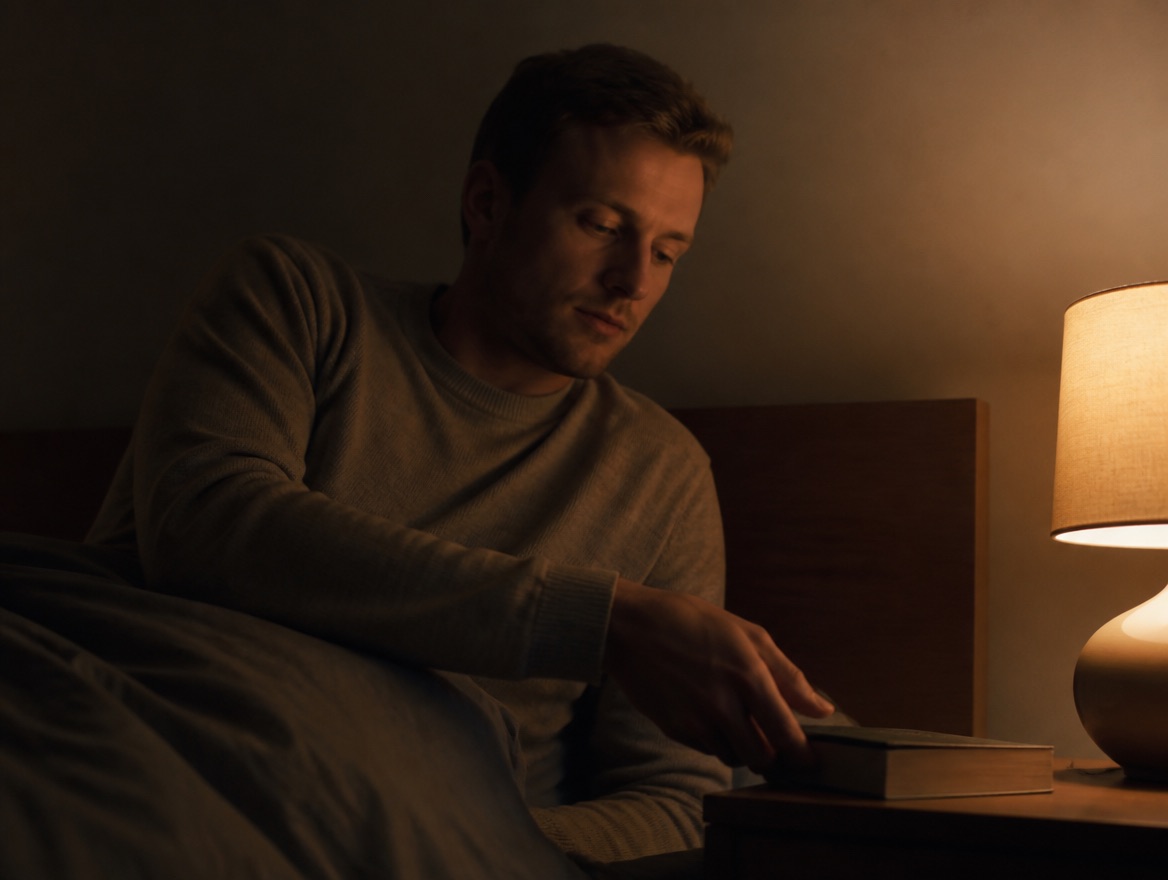 A man in his early thirties, in a soft grey crew-neck sweater, sits up in bed at night and sets a paperback book on the nightstand beside a warm, dimly glowing lamp.